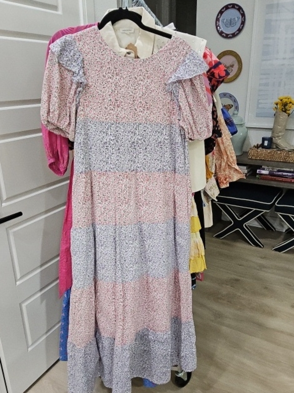 Tiered Pink and Light Blue Floral Puff-Sleeve Dress